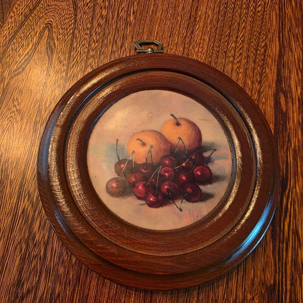 Henk Bos Round Wood Wall Plaque Still Life Fruit Peaches Cherry Cottagecore 6.5